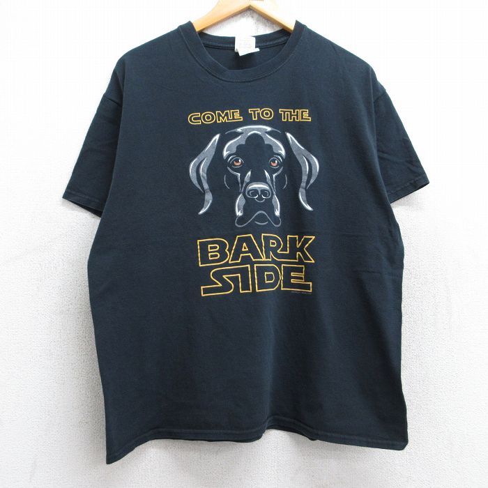 【50%OFF】L★古着 半袖 Tシャツ メンズ 犬 コットン クルーネック 黒 ブラック 25aug28 中古