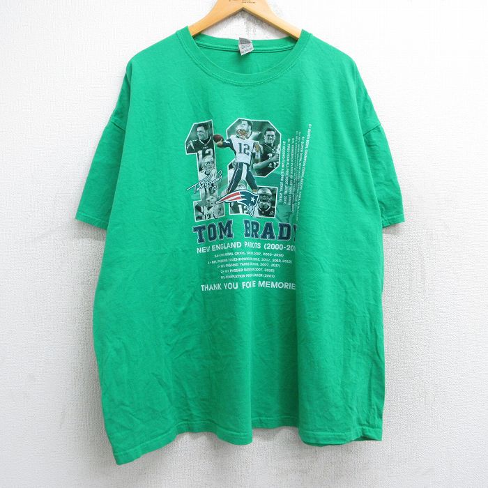 【20%OFF】XL★古着 半袖 Tシャツ メンズ NFL ニューイングランドペイトリオッツ トムブレディ 12 大きいサイズ コットン クルーネック 緑 グリーン アメフト スーパーボウル 25aug28 中古