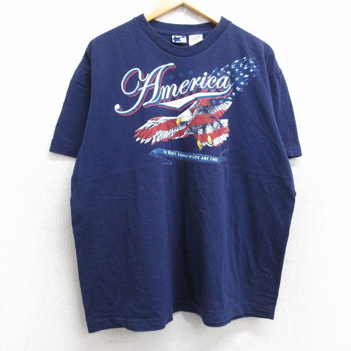 XL★古着 半袖 Tシャツ メンズ 鳥 アメリカン コットン クルーネック 紺 ネイビー 25aug28 中古