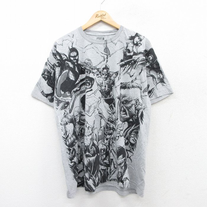【20%OFF】XL★古着 半袖 Tシャツ メンズ マーベル スパイダーマン アイアンマン ハルク クルーネック グレー 霜降り 【spe】 25aug30 中古