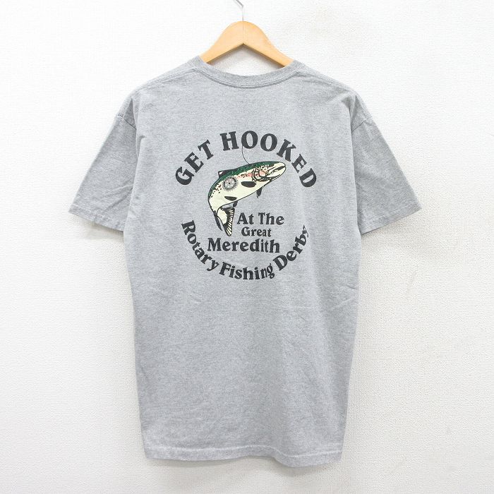 L★古着 半袖 Tシャツ メンズ 魚 フィッシング クルーネック グレー 霜降り 25aug30 中古