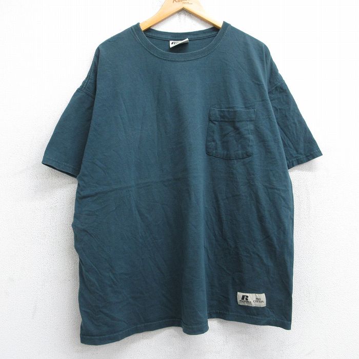 XL★古着 ラッセル 半袖 Tシャツ メンズ 無地 胸ポケット付き 大きいサイズ コットン クルーネック 緑 グリーン 25aug30 中古