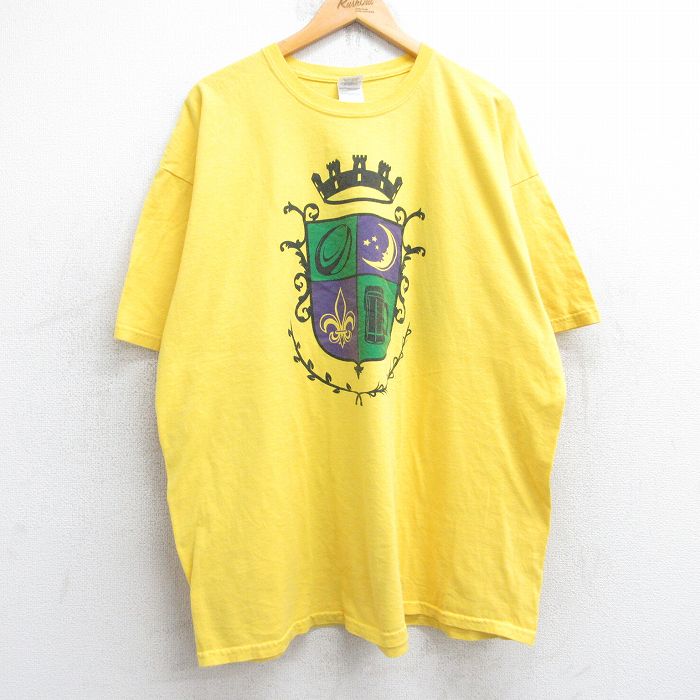 XL★古着 半袖 Tシャツ メンズ エンブレム マルディグラ 大きいサイズ コットン クルーネック 黄 イエロー 25aug30 中古