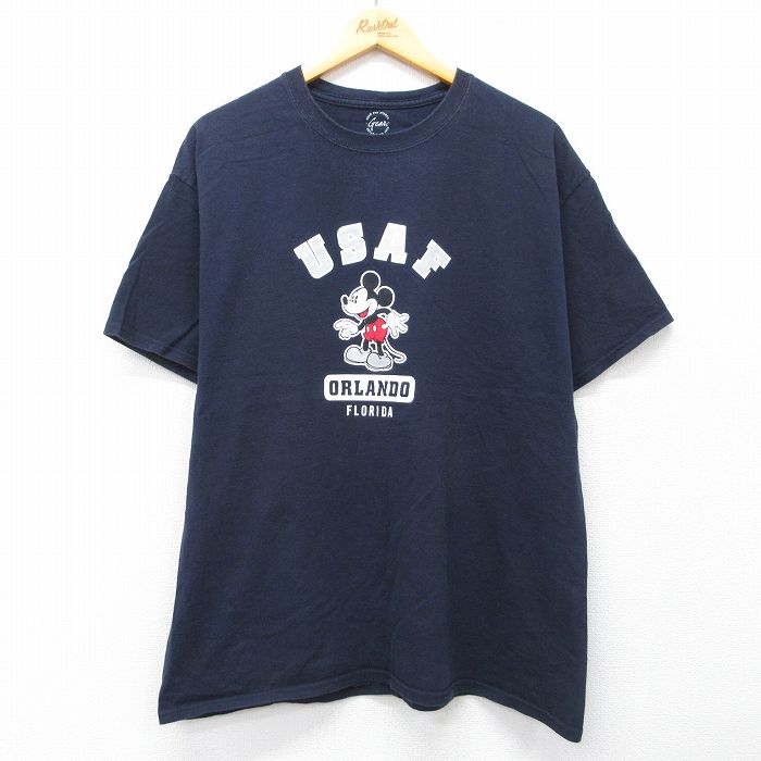 XL★古着 半袖 Tシャツ メンズ ディズニー ミッキー ミリタリー USAF フロリダ コットン クルーネック 紺 26mar18
