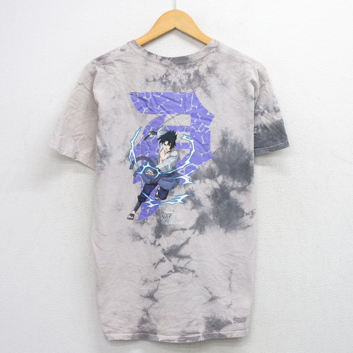 L★古着 半袖 Tシャツ メンズ アニメ ナルト疾風伝 うちはサスケ コットン クルーネック 薄グレー他 タイダイ 26mar19