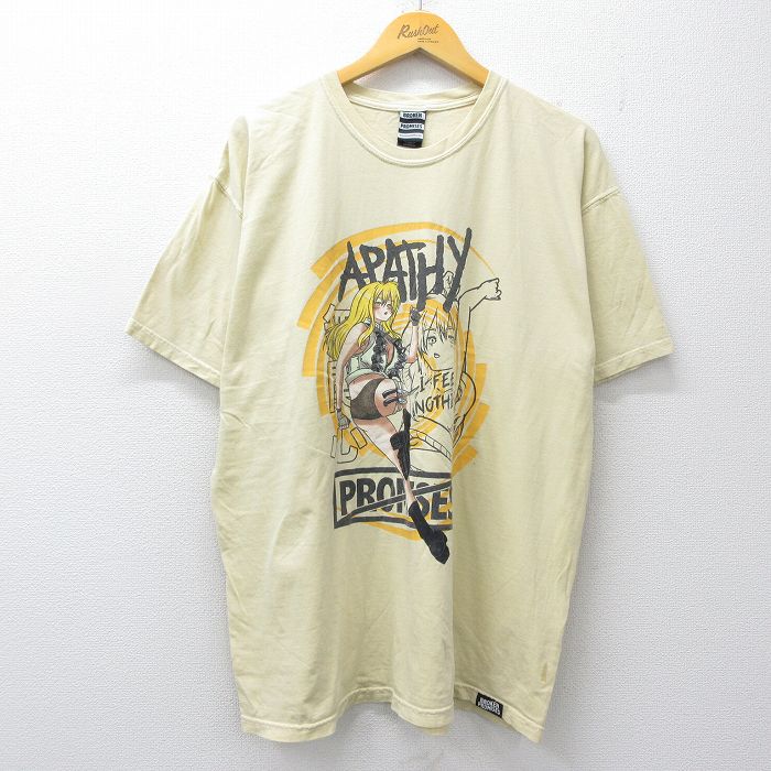 XL★古着 半袖 Tシャツ メンズ APATHY 大きいサイズ コットン クルーネック 薄黄 26mar19