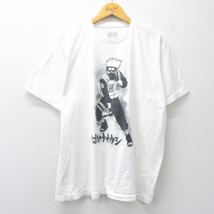XL★古着 半袖 Tシャツ メンズ アニメ ナルト疾風伝 はたけカカシ 大きいサイズ コットン クルーネック 白 26mar19