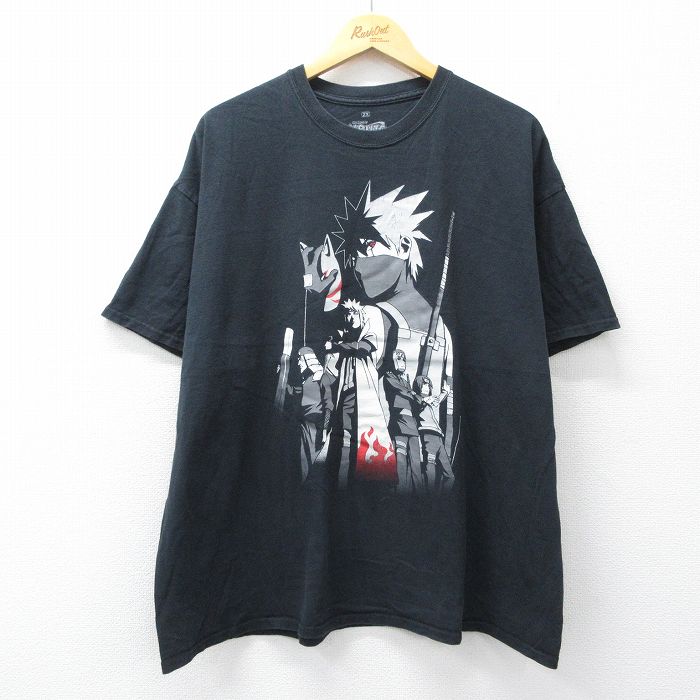 XL★古着 半袖 Tシャツ メンズ アニメ ナルト疾風伝 はたけカカシ 大きいサイズ コットン クルーネック 黒 26mar19