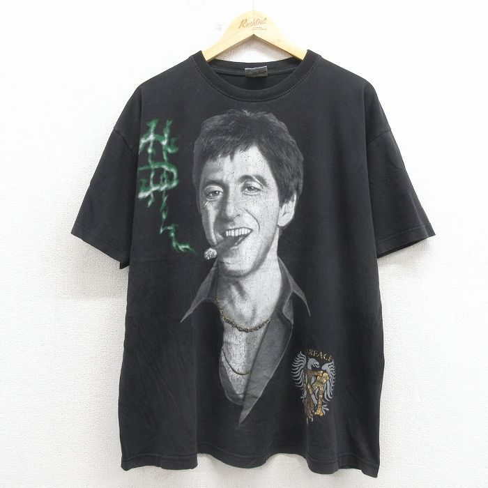 XL★古着 半袖 Tシャツ メンズ 映画 スカーフェイス 大きいサイズ コットン クルーネック 黒 ブリーチ加工 26apr06