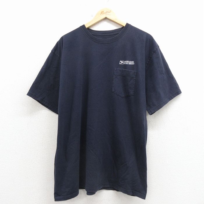 XL★古着 半袖 Tシャツ メンズ 郵便局 胸ポケット付き 大きいサイズ クルーネック 紺 26apr06