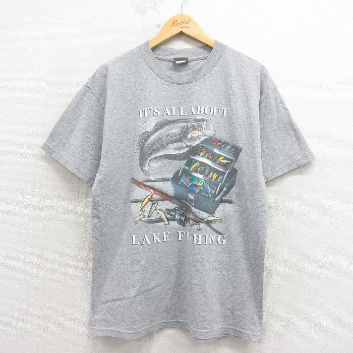 L★古着 半袖 Tシャツ メンズ 魚 クルーネック 薄グレー 霜降り 26apr06