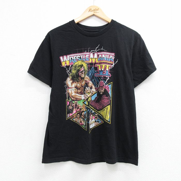 M★古着 半袖 Tシャツ メンズ ワールドプロレスリング アルティメットウォリアー マッチョマン コットン クルーネック 黒 26apr14