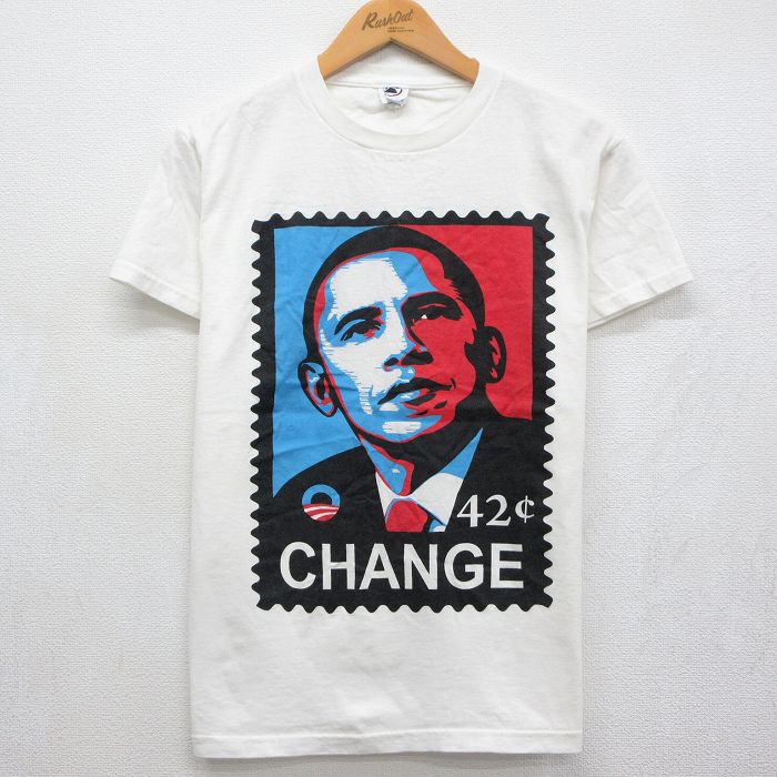 S 半袖Tシャツ バラクオバマ切手 ホワイト | 古着