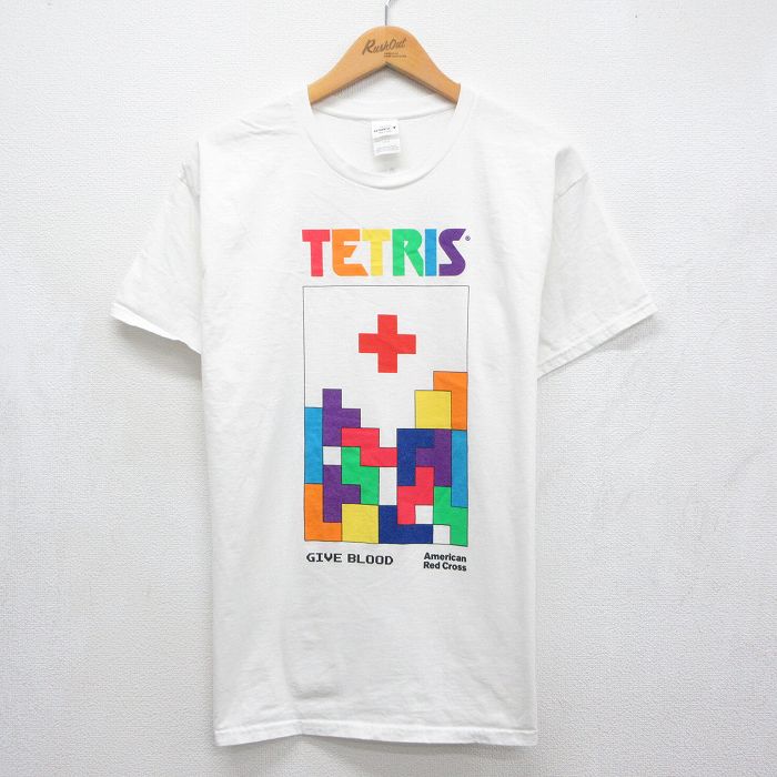 L★古着 ヘインズ 半袖 Tシャツ メンズ テトリス コットン クルーネック ホワイト 26jun04