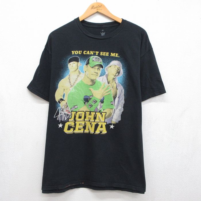 XL★古着 半袖 Tシャツ メンズ ワールドプロレスリング ジョンシナ 大きいサイズ コットン クルーネック ブラック 26jun04