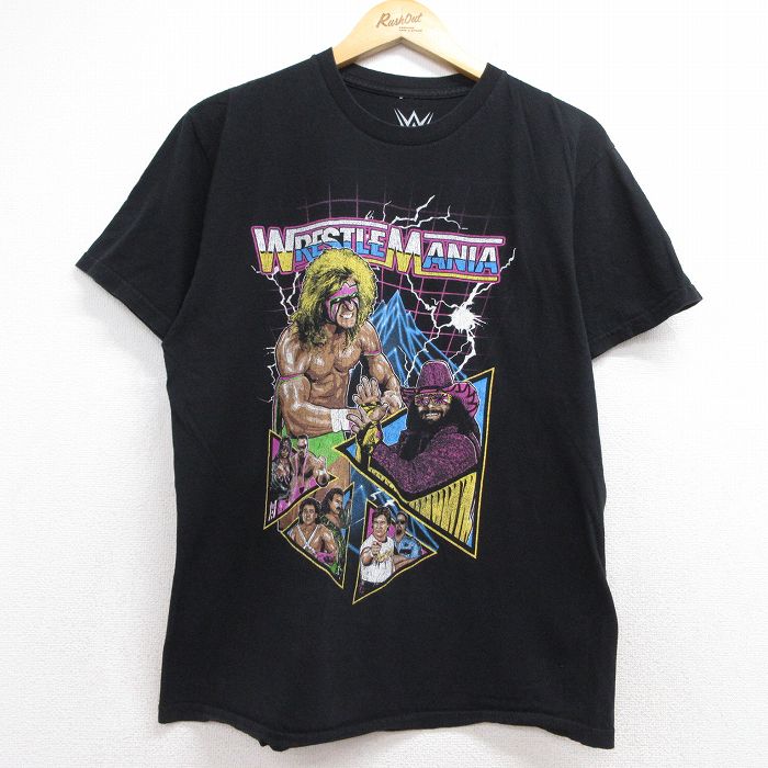 ワールドプロレスリング 半袖Tシャツ レッスルマニア ブラック メンズL相当 | 古着