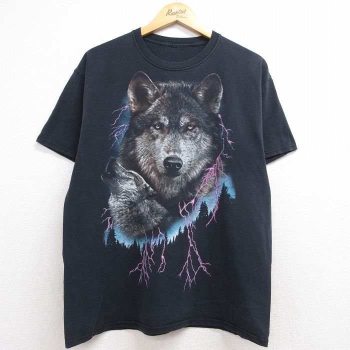 【20%OFF】オオカミ 半袖Tシャツ サンダー ブラック メンズL相当 | 古着