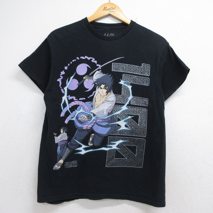 ナルト疾風伝 半袖Tシャツ うちはサスケ ブラック メンズM相当 | 古着