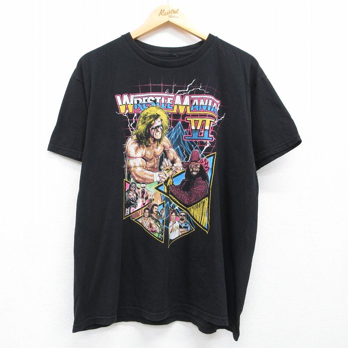 ワールドプロレスリング 半袖Tシャツ レッスルマニアプリント ブラック メンズXL相当 | 古着