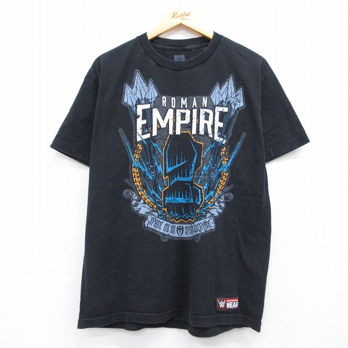 ワールドプロレスリング 半袖Tシャツ ローマンレイズプリント ブラック メンズL相当 | 古着