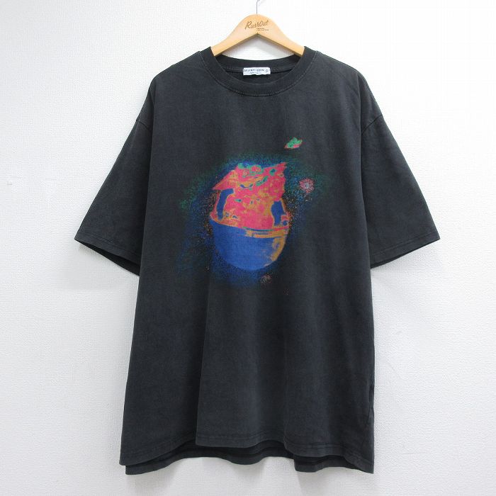 XL★古着 半袖 Tシャツ メンズ 大きいサイズ ロング丈 コットン クルーネック ブラック 26jul17