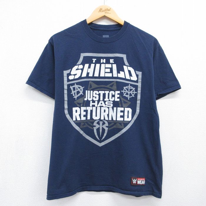 ワールドプロレスリング 半袖Tシャツ THE SHIELDプリント ネイビー メンズM相当 | 古着