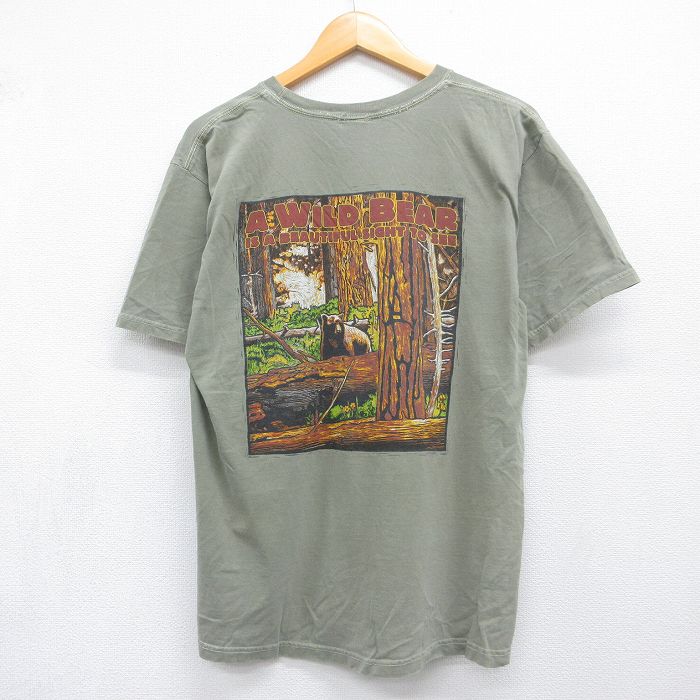 L★古着 半袖 Tシャツ メンズ クマ コットン クルーネック カーキ 26aug04