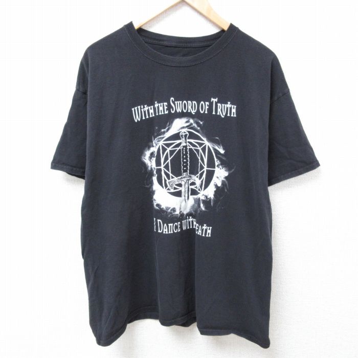 XL★古着 半袖 Tシャツ メンズ 剣 クルーネック 黒 ブラック 24feb13 中古