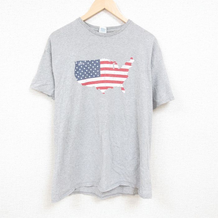 XL★古着 半袖 Tシャツ メンズ 星条旗 大きいサイズ クルーネック グレー 霜降り 24feb22 中古