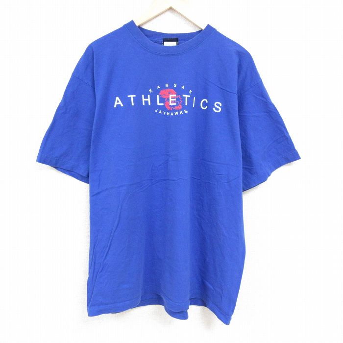 XL★古着 半袖 Tシャツ メンズ カンザスジェイホークス 大きいサイズ コットン クルーネック 青 ブルー 24feb26 中古
