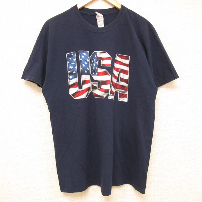 L★古着 半袖 Tシャツ メンズ USAロゴ 星条旗 コットン クルーネック 濃紺 ネイビー 24feb29 中古