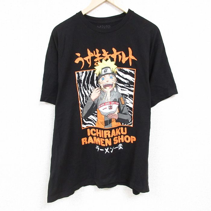 XL★古着 半袖 Tシャツ メンズ アニメ NARUTO ナルト 疾風伝 大きいサイズ コットン クルーネック 黒 ブラック 24mar04 中古