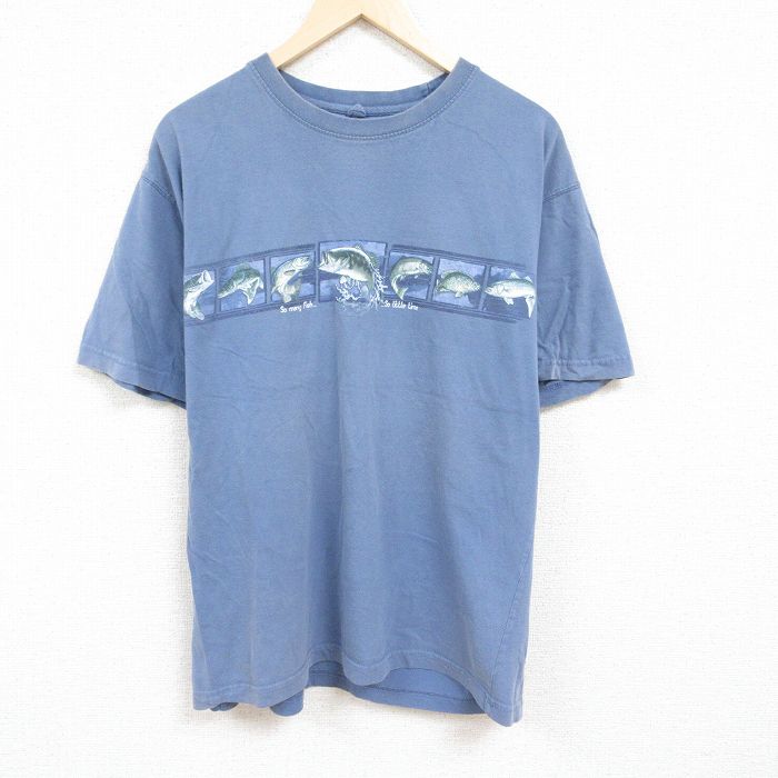 【50%OFF】XL★古着 半袖 Tシャツ メンズ 魚 大きいサイズ コットン クルーネック 薄紺 ネイビー 24mar16 中古