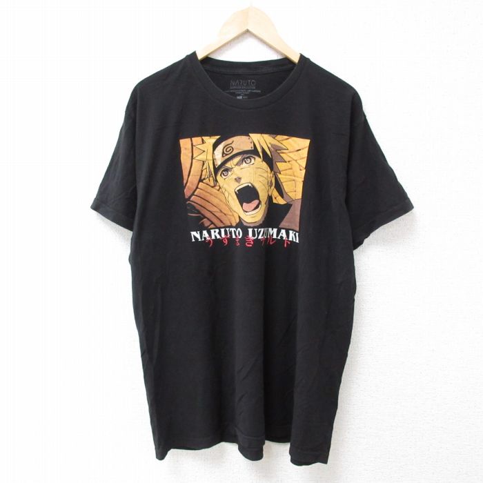 XL★古着 半袖 Tシャツ メンズ アニメ NARUTO ナルト疾風伝 大きいサイズ コットン クルーネック 黒 ブラック 24mar18 中古