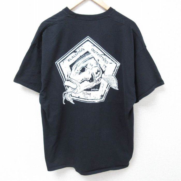 【50%OFF】XL★古着 半袖 Tシャツ メンズ 魚 大きいサイズ コットン クルーネック 黒 ブラック 24mar27 中古