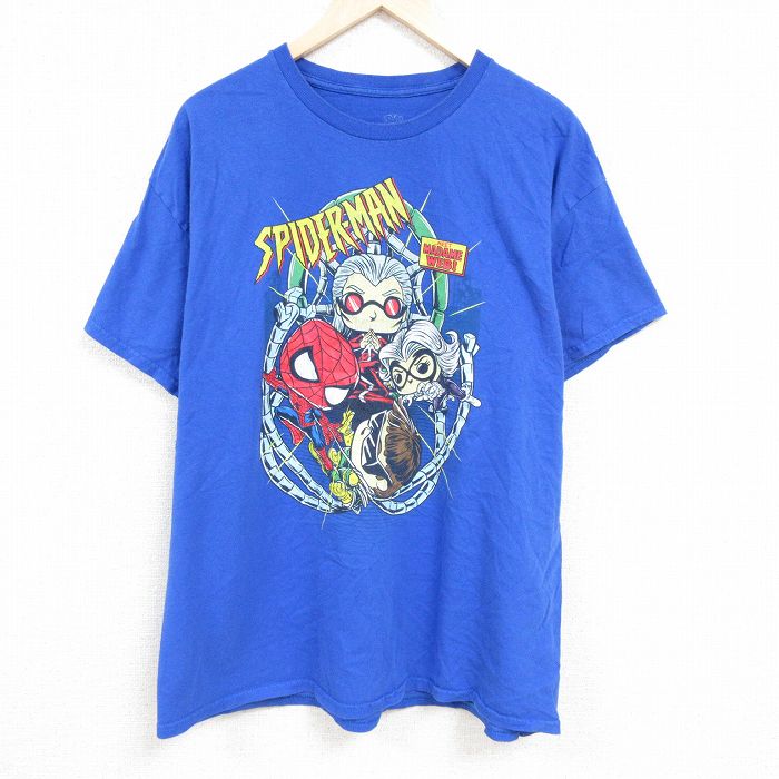 【50%OFF】XL★古着 半袖 Tシャツ メンズ マーベル スパイダーマン ドクターオクトパス マダムウェブ POP 大きいサイズ コットン クルーネック 青 ブルー 24mar30 中古
