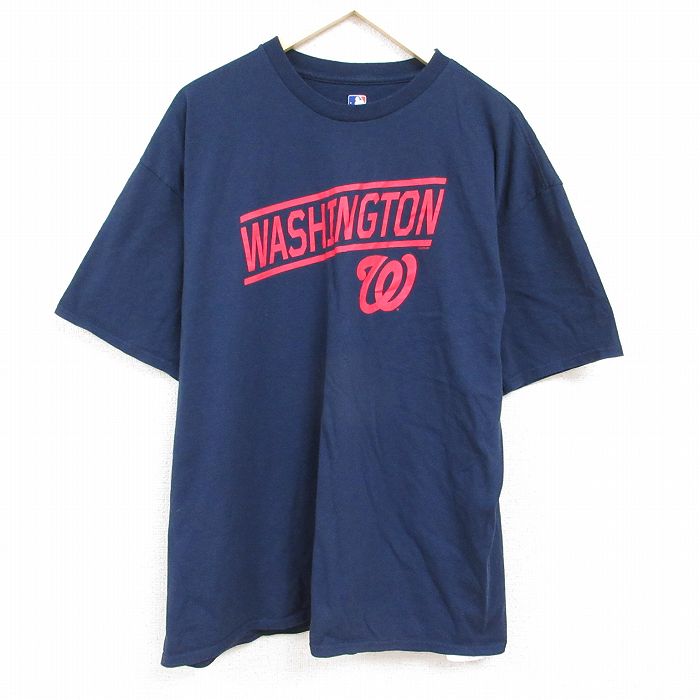 XL★古着 半袖 Tシャツ メンズ MLB ワシントンナショナルズ 大きいサイズ コットン クルーネック 紺 ネイビー メジャーリーグ ベースボール 野球 24may09 中古
