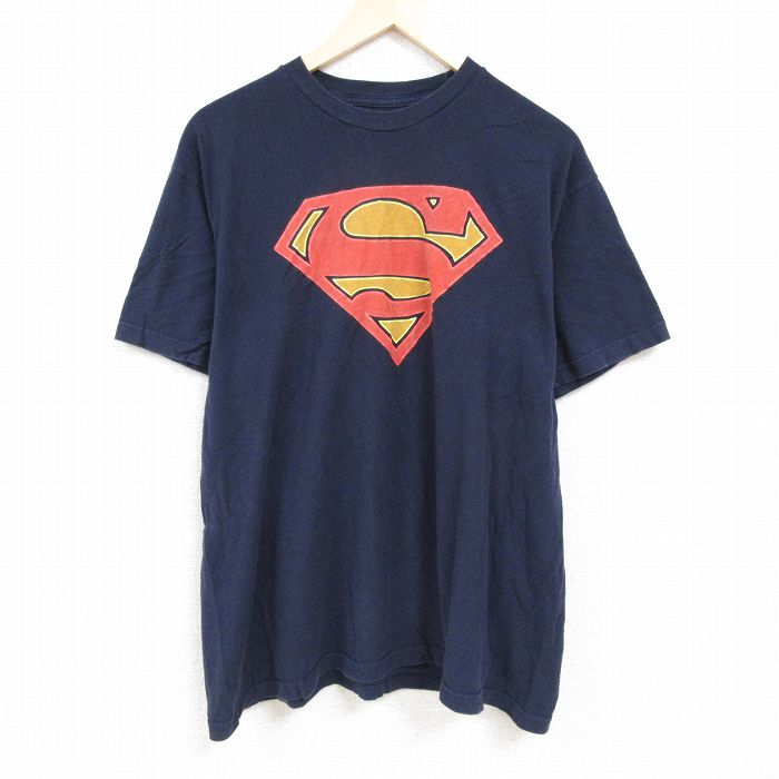 【50%OFF】XL★古着 半袖 Tシャツ メンズ DCコミックス スーパーマン 大きいサイズ コットン クルーネック 紺 ネイビー 24may21 中古