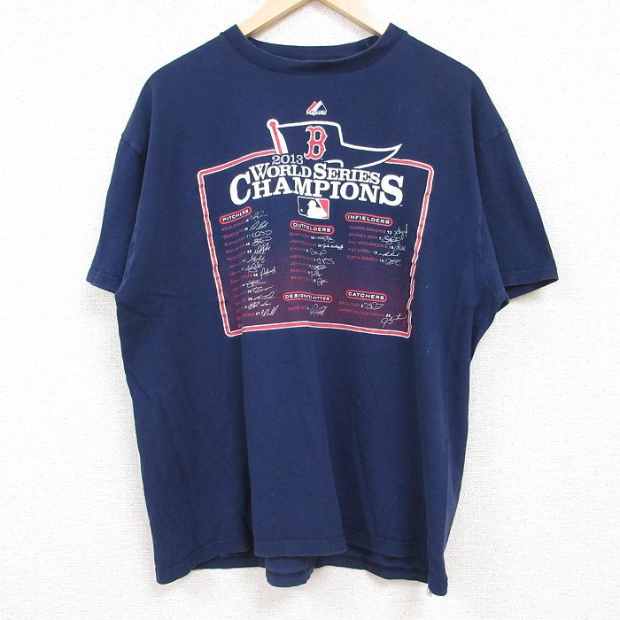 XL★古着 マジェスティック 半袖 Tシャツ メンズ MLB ボストンレッドソックス コットン クルーネック 濃紺 ネイビー メジャーリーグ ベースボール 野球 24may27 中古