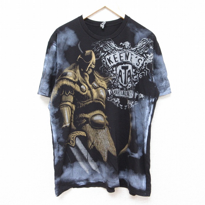 XL★古着 半袖 Tシャツ メンズ KEENES ATA MARTIAL ARTS バイキング 全面プリント コットン クルーネック 黒 ブラック 24may30 中古