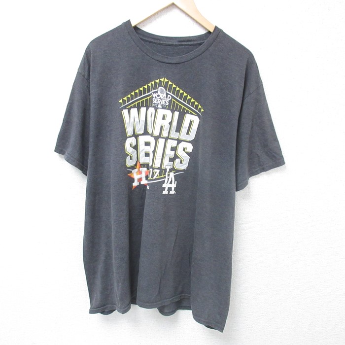 XL★古着 半袖 Tシャツ メンズ MLB ロサンゼルスドジャース ワールドシリーズ 大きいサイズ クルーネック 濃グレー 霜降り メジャーリーグ ベースボール 野球 24jun01 中古