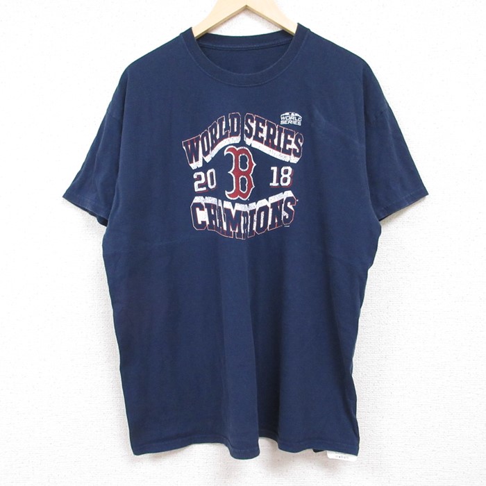 XL★古着 半袖 Tシャツ メンズ MLB ボストンレッドソックス コットン クルーネック 濃紺 ネイビー メジャーリーグ ベースボール 野球 24jun01 中古
