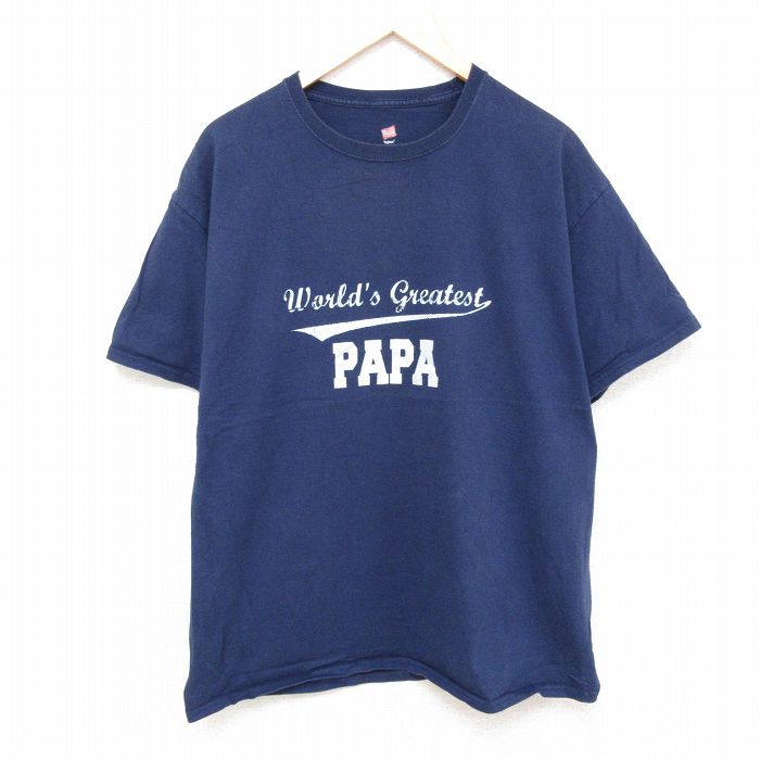 【50%OFF】XL★古着 ヘインズ Hanes 半袖 Tシャツ メンズ PAPA コットン クルーネック 紺 ネイビー 24jun04 中古