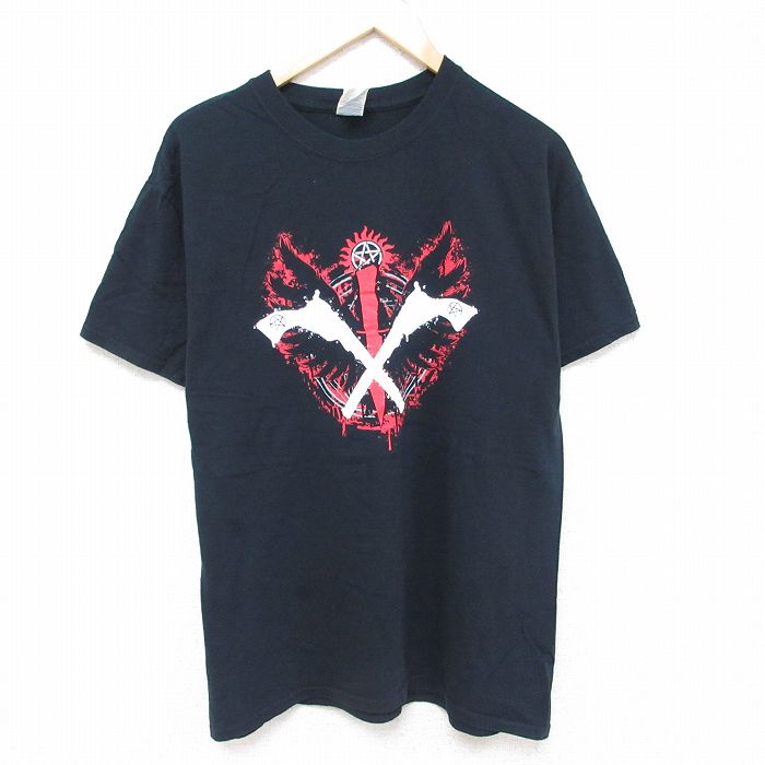 L★古着 半袖 Tシャツ メンズ 鳥 羽根 コットン クルーネック 黒 ブラック 24jun07 中古
