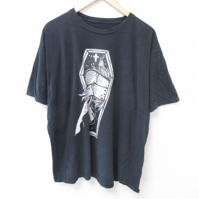 XL★古着 半袖 Tシャツ メンズ 十字架 足 大きいサイズ クルーネック 黒 ブラック 24jun08 中古