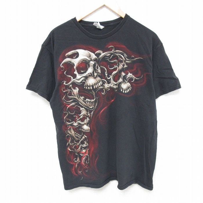 【50%OFF】L★古着 半袖 Tシャツ メンズ スカル コットン クルーネック 黒 ブラック 24jun12 中古