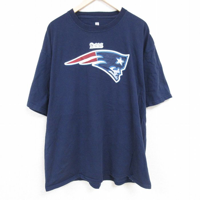 XL★古着 半袖 Tシャツ メンズ NFL ニューイングランドペイトリオッツ 大きいサイズ ロング丈 コットン クルーネック 紺 ネイビー アメフト スーパーボウル 24jun24 中古