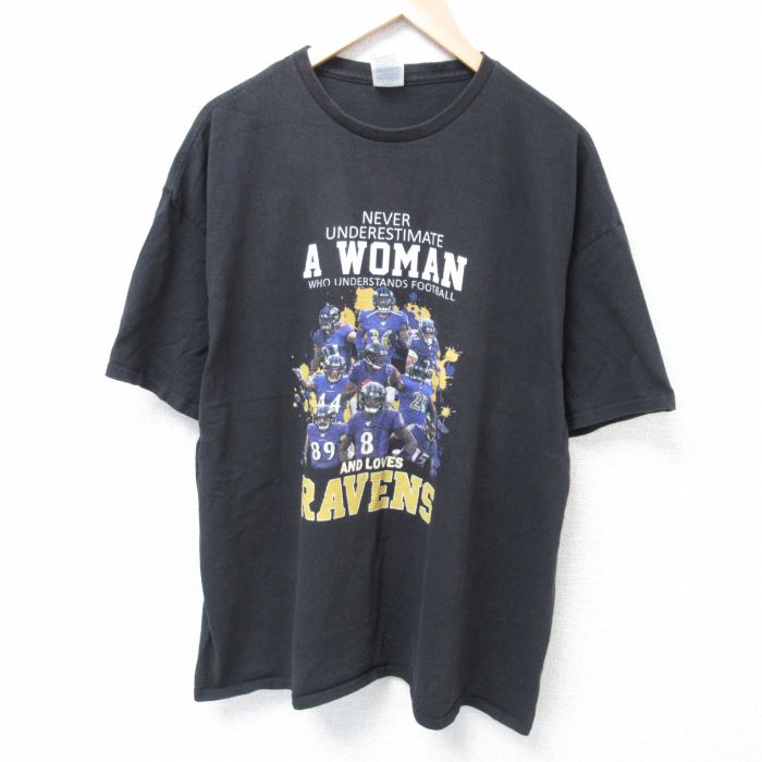 XL★古着 半袖 Tシャツ メンズ レイブンス 大きいサイズ コットン クルーネック 黒 ブラック 24jun27 中古