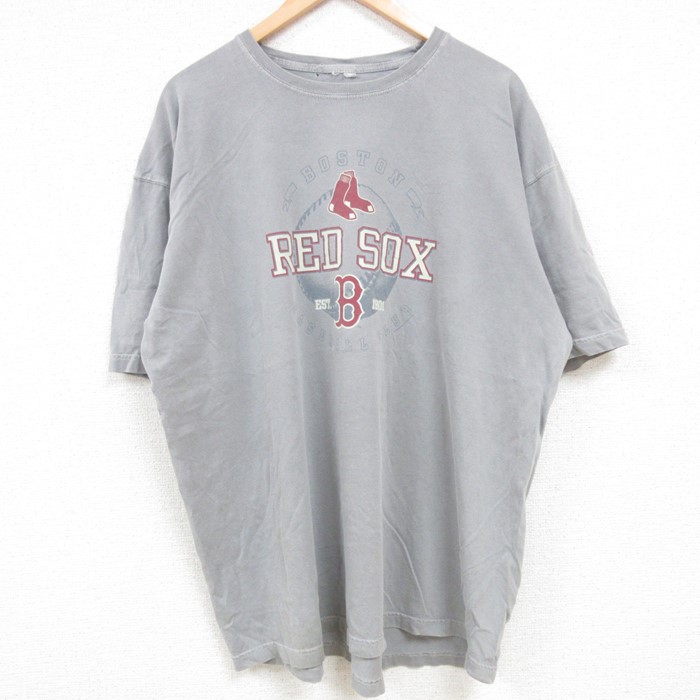 XL★古着 半袖 Tシャツ メンズ MLB ボストンレッドソックス 大きいサイズ クルーネック グレー メジャーリーグ ベースボール 野球 24jul03 中古