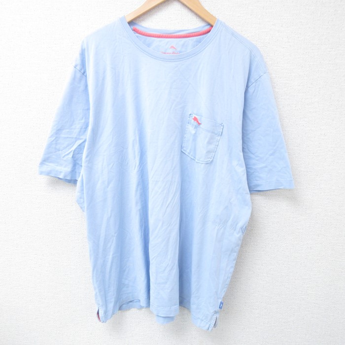 XL★古着 半袖 Tシャツ メンズ カジキ 胸ポケット付き 大きいサイズ コットン クルーネック 水色 24jul03 中古
